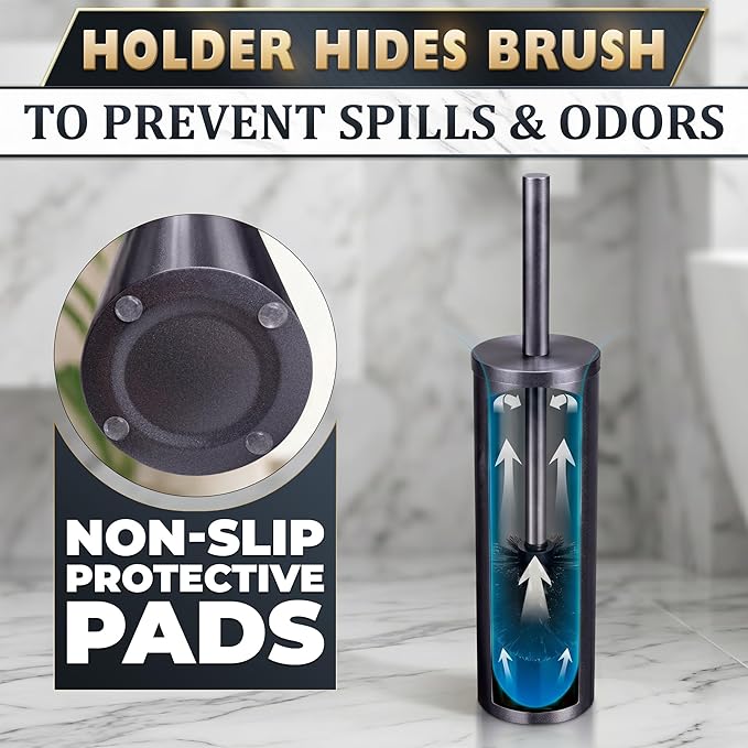 Graphite Metallic Stainless Steel Toilet Brush and Holder Set - Toilet Bowl Brush and Holder with Splash Cover, Sturdy Bristles, Corrosion & Scratch Resistant - Elegant Design, Effective Deep Cleaning
