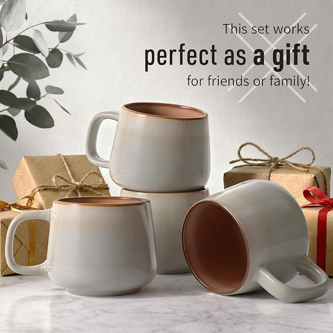 Ava Nord Large Stoneware Ceramic Coffee Mugs Set of 4 | 16 oz | Sage Ash | Lead-Free, Non-Toxic, Freezer - Microwave & Dishwasher Safe, Comfortable Handle, Aesthetic Nordic Design for Latte, Tea