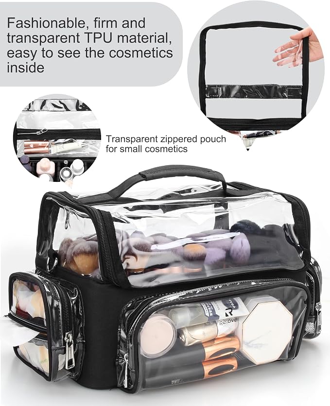 Makeup Brush Bag, Makeup Brush Case for Makeup Artist with Plastic Dividers Washable, Portable Travel Makeup Train Case with Clear Waterproof Cover for Easy to Clean and Find with Adjustable Strap