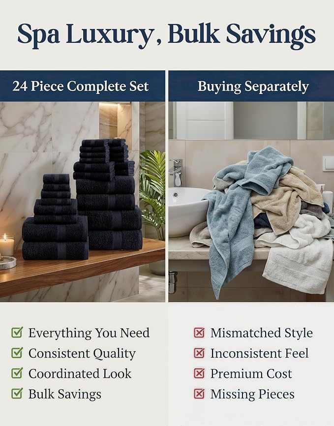 LANE LINEN Bath Towel Set Quick Dry 100% Cotton 24 Piece Soft - Black | Cotton Bath Towels - Classic Terry Weave, Densely Woven & Durable, Easy-Care, Coordinated Colors