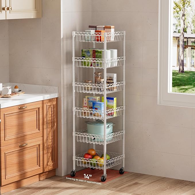 Golpart 6 Shelves Storage Shelf Wire Closet Bathroom Organizers Metal Pantry Kitchen Garage Shelving Unit Laundry Room Organization Home Rack Net Basket White with Wheels 14" Dx14 Wx64.8 H