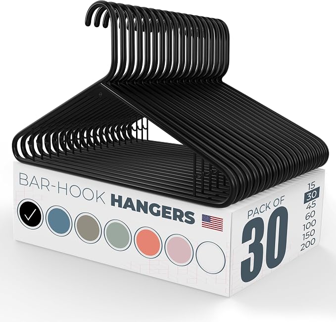Plastic Hangers 30 Pack – Made in the USA – 6lb Capacity Standard Clothes Hangers with Strap Hooks for Dresses, Lingerie, Shirts, Pants, and Jackets – Black
