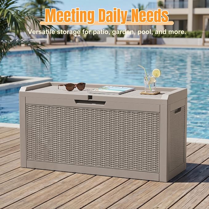 Outdoor Storage Box,120 Gallon Waterproof Resin Patio Deck Box | UV Resistant Lockable Package Delivery Bin, Toy Cabinet, Shoe & Garden Tools Storage, Ottoman, Indoor/Outdoor