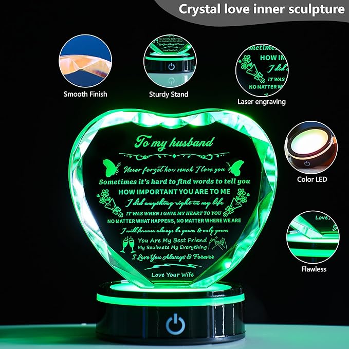 Romantic Crystal Gifts for Husband, I Love You Keepsake with Colorful LED Base, Best Anniversary & Birthday Present for Him,Fathers Day Valentine's Day Christmas Gift Ideas for My Man