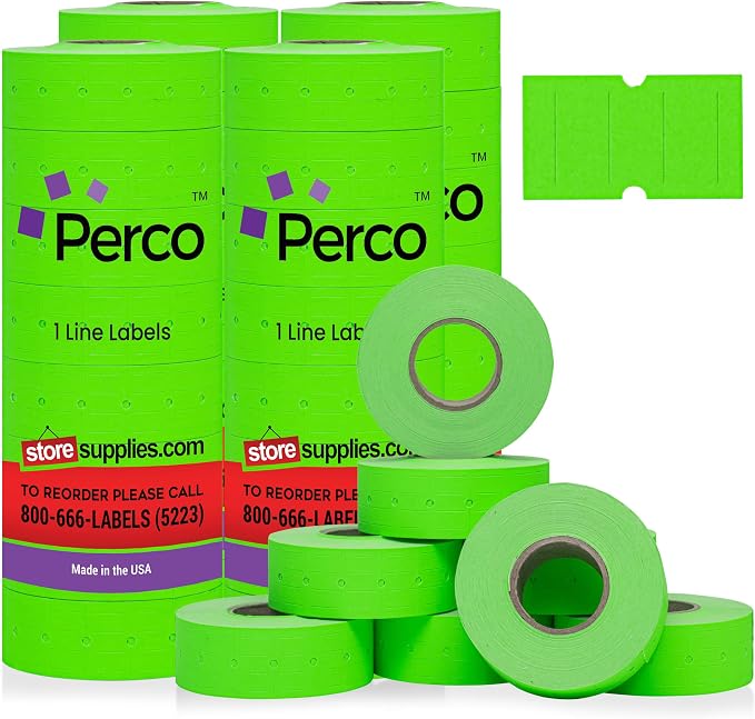 Perco 1 Line Fluorescent Green Labels - 32,000 Blank Price and Date Gun Labels for Perco Lite, X, Plus and Pro 1 Line Price and Date Guns - 32 Rolls, 4 Sleeves - Made in USA