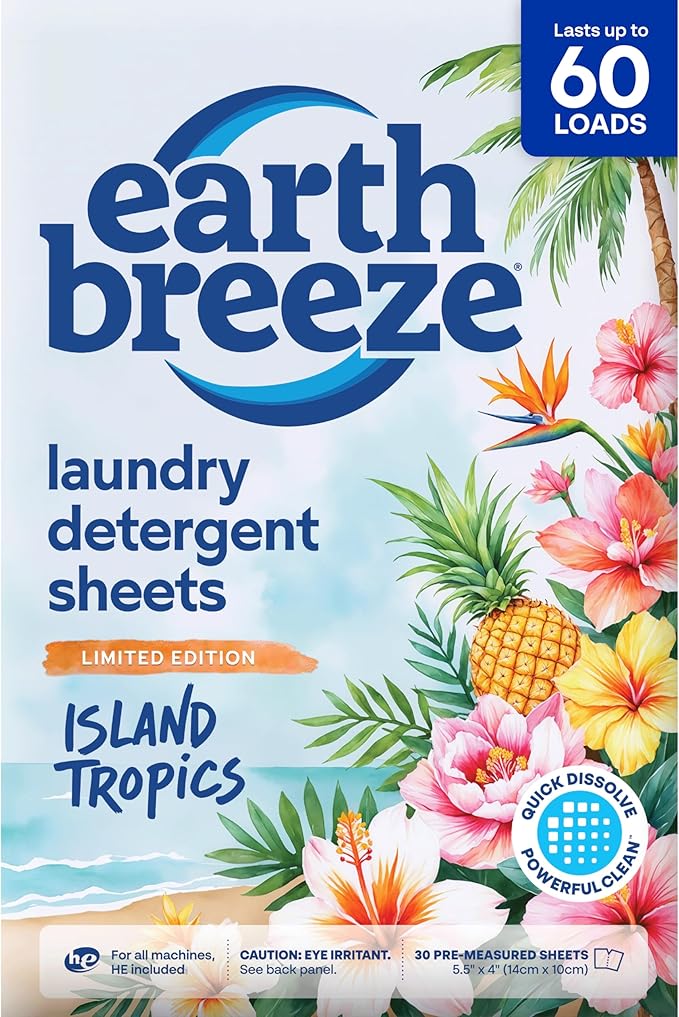 Earth Breeze Laundry Detergent Sheets Island Tropics - 60 Loads - Eco Laundry Sheets - Travel Laundry Soap Sheets for Hot & Cold Cycles - Tackles Tough Stains & Odors - Gentle on Skin, 30 Ct