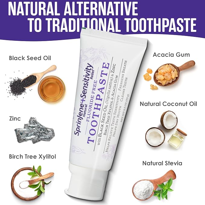 SprinJene Sensitive Relief Fluoride Free Toothpaste - Patented Natural Toothpaste with Black Seed Oil & Zinc - Made in The USA - Vegan Non Fluoride for Fresh Breath Preservative Free (2 Pack)