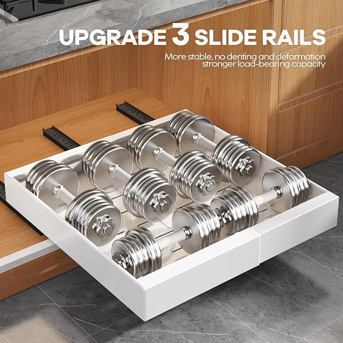 Seinloes 1 Pack Expandable Pull Out Cabinet Organizer 21" Deep with Raising Pad for Framed Cabinets,Upgrade 3 Slide Rails Slide Out Drawers,Roll Out Shelves Adhesive,Adjustable Width 12.05"-20.4"White