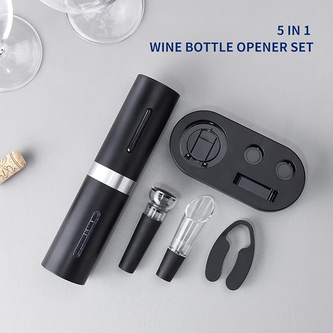 CIRCLE JOY Electric Wine Bottle Opener Set Rechargeable Wine Corkscrew Cordless Wine Set with Charging Base, Foil Cutter, Wine Aerator Pourer and Wine Stopper, Black