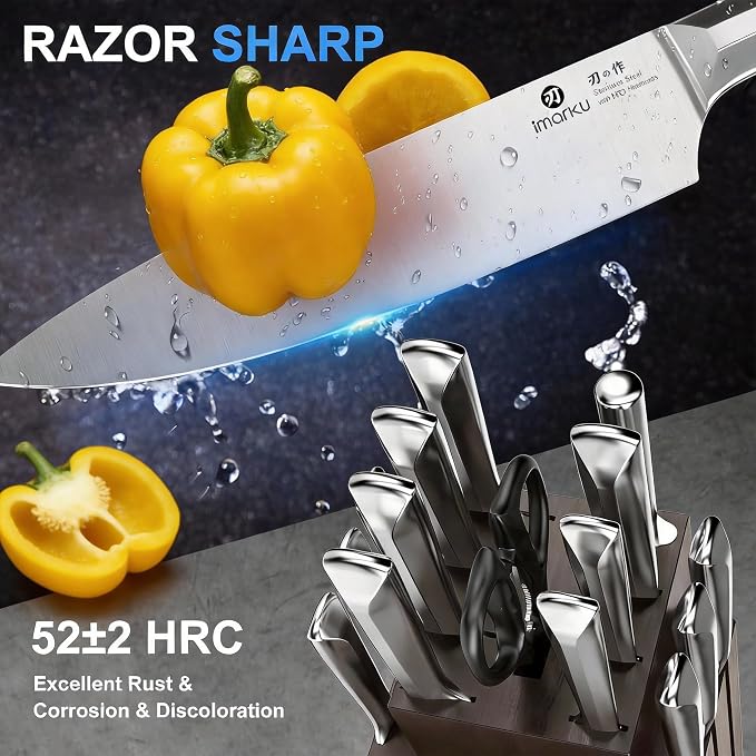 imarku 16-Pieces High Carbon Japanese Stainless Steel Knife Set with Block | Kitchen Knife Set|15°Precision Edge |56±2 HRC Hardness|Built-in Sharpener|Ergonomic Handles|Gifts Mom & Dad