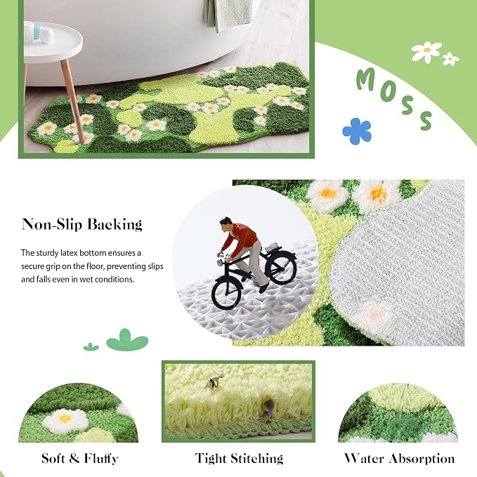 YIKUSH Bathroom Rugs Green Bath Mat Cute Moss Rug with Small White Flowers Non Slip Door Mat for Bedroom and Kitchen Soft Washable Rug Floral Bath Mats (43x20 inch)