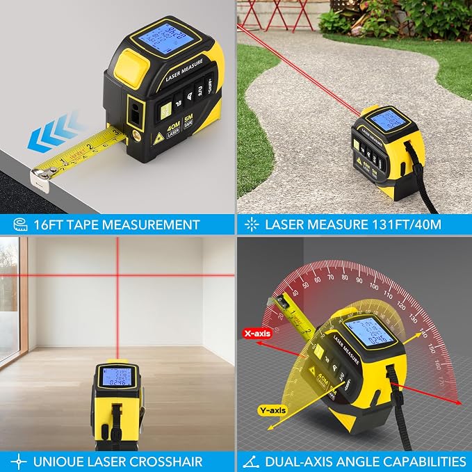 4-in-1 Laser Tape Measure - Class 2, 131FT Laser Distance Meter, 16FT AutoLock Tape Measure, Cross-Line Laser Level, Dual-Axis Electronic Angle, LCD Display, for DIY, Construction Projects