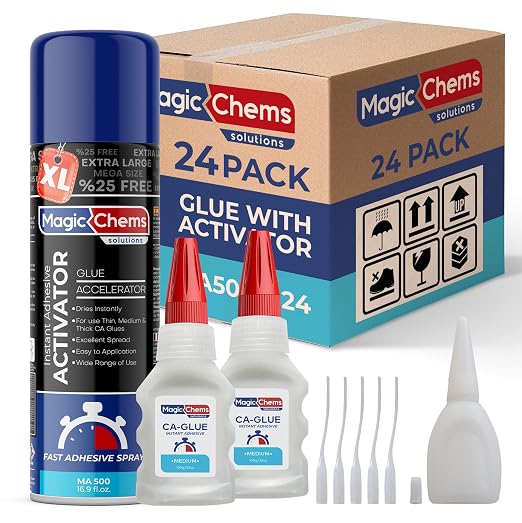 Magic Chems CA Glue with Activator (48 x 3.5 oz + 24 x 16.9 fl oz), Cyanoacrylate Glue and Activator, Super Glue with Accelerator, CAGlue and Accelerator, Medium (24 Pack)