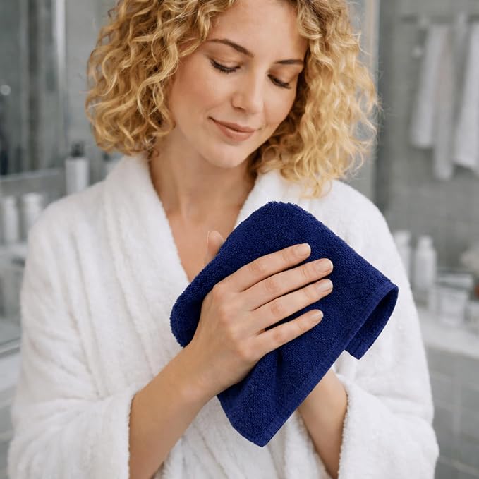 SALBAKOS 12-Piece 100% Turkish Cotton Washcloths and Face Towels, Navy | 13x13 in Standard Size Small Towel, Multi-use Bathroom & Kitchen, Thick Super Soft Absorbent Durable, Oeko-Tex Made in Turkey