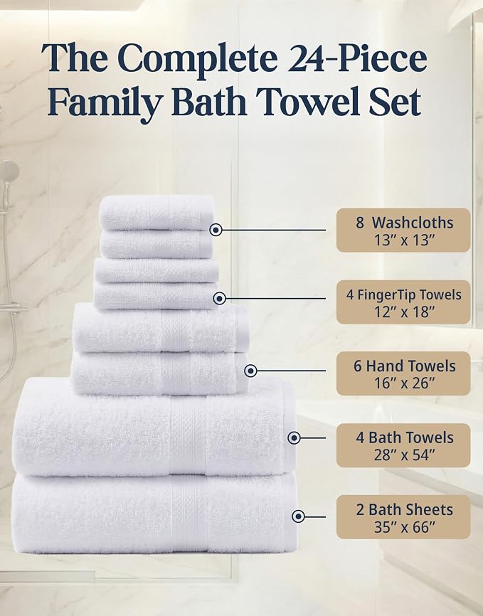 LANE LINEN Bath Towel Set 100% Cotton 24 Piece Soft Absorbent - White | Shower Towels - Generously Sized, Oversized & Roomy, Lightweight & Breathable, Fade-Resistant Color, Classic Terry Weave