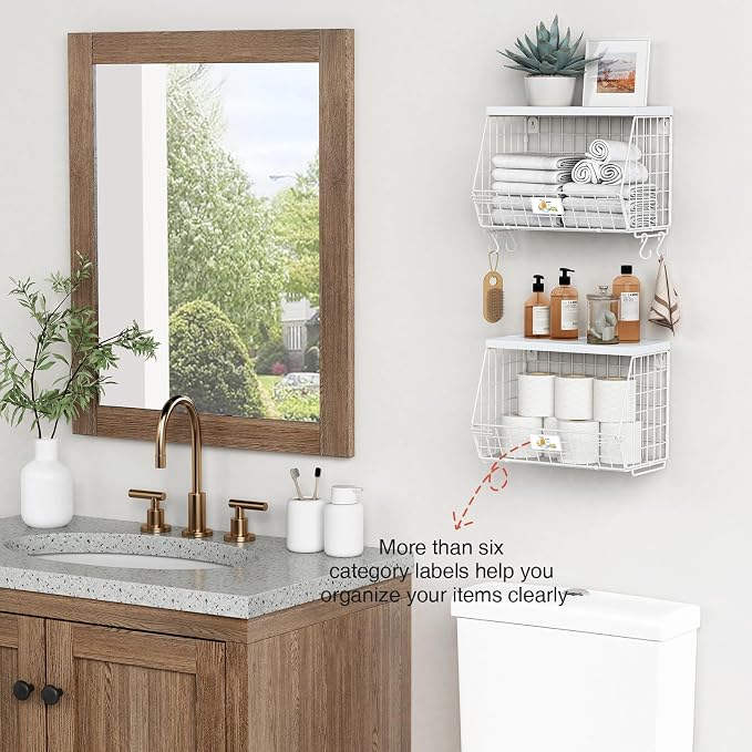 Goozii Wall Mount Bathroom Storage Basket, Fruit Produce and Vegetable Baskets for Kitchen Counter, Hanging Wire Storage Basket for Laundry Room Bedroom Closet Pantry Boys Girls Room (White)