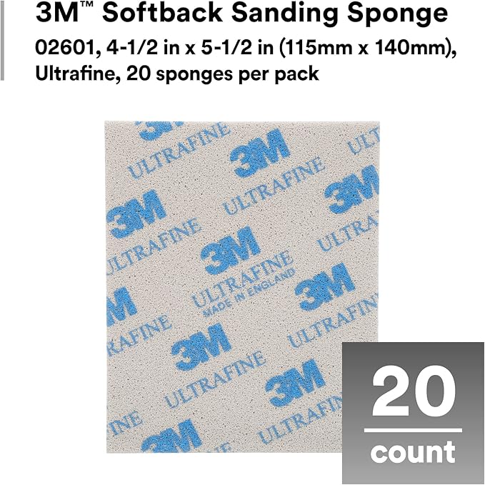 3M Softback Sanding Sponge 02601, 4 1/2 x 5 1/2 in, 20 Pack, Ultrafine Grit, Fast Cutting