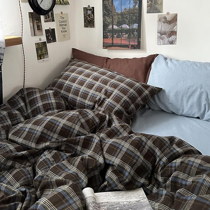 mixinni Vintage Brown & Blue Buffalo Plaid Duvet Cover Set Twin XL Size - 3 Piece Washed Cotton Bedding Set with Grid Pattern, Soft & Breathable Duvet Cover with Pillowcases for Boys, Men& Women