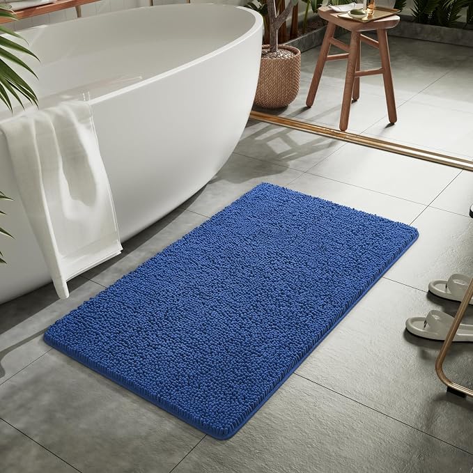 LOCHAS Luxury Bathroom Rug Shaggy Bath Mat 24 x 44 Inch, Blue | Washable Non Slip Bath Rugs for Bathroom Shower, Soft Plush Chenille Absorbent Carpets