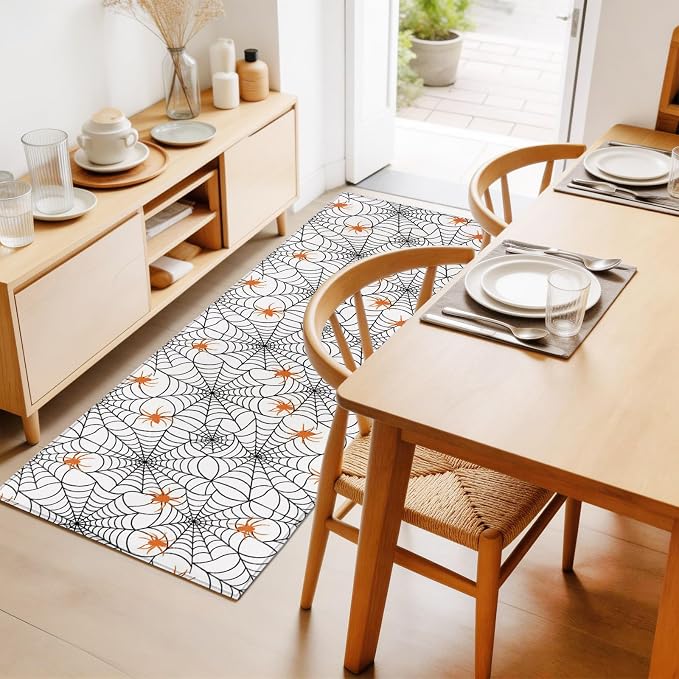 Hallway Runner Rug 2'x6', Halloween Washable Bathroom Area Rugs for Kitchen Bedroom Laundry, Black Net Classic Spiders Gingham Orange Non Slip Door Mat Indoor Entrance Floor Throw Bedsides Carpet