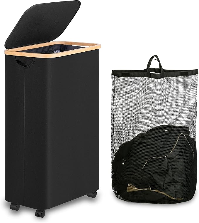 iEGrow 75L Slim Laundry Hamper with Wheels,Clothes Hamper for Laundry,Laundry Basket with Lid & Inner Bag,for Laundry Room, Bedroom, Dormitory Organization,Black