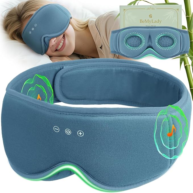 3D Bamboo Cotton Sleep Mask with Bluetooth 5.4 Headphone, Music Wireless Bluetooth Blackout Eye Mask for Side Sleepers, Earphones HD Speaker Microphone for Travel, Gifts for Women Men, Blue
