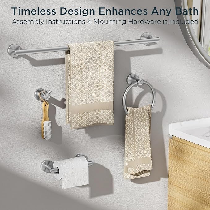 FORIOUS Bathroom Hardware Accessories Set, SUS304 Stainless Steel Towel Bar Set, Modern Towel Racks Holder for Bathroom, Toilet Paper Holder Wall Mounted 8 Pieces(24" Bar, Brushed Nickel, 2 Pack)