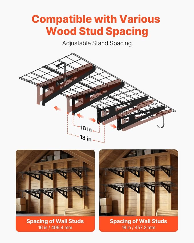 VEVOR 2-Pack Heavy Duty Garage Wall Shelving, 2 x 6 ft Steel Wall Mounted Shelving Unit with Hooks, 24 x 72 Inch Per Shelf Floating Storage Metal Rack, 1000 lbs Total Weight Capacity