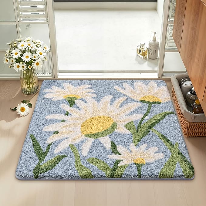 LUMI Bathroom Rugs Cute Daisy, Soft Absorbent Squarer Bath Mat Non-Slip, Machine Washable Quick Dry Blue Luxury Rug Flower for Kids Room, Bathtub, Home Decor, 26"x26"