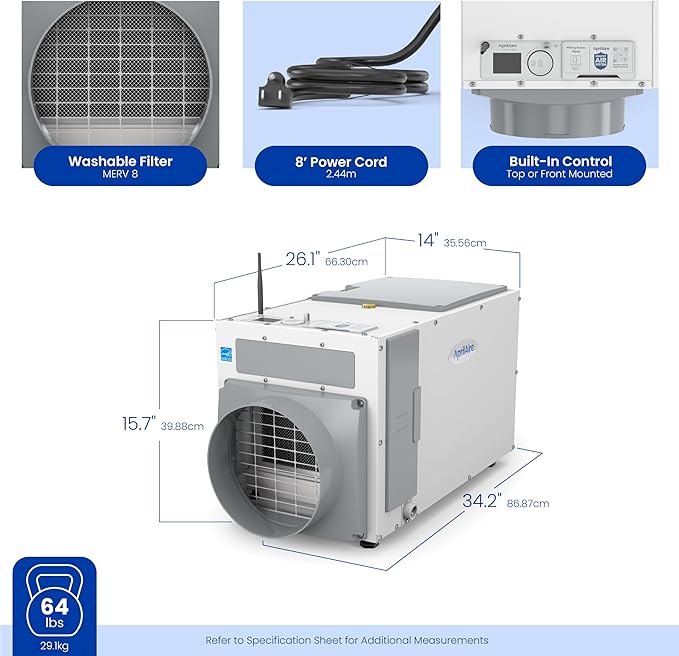 AprilAire E100W Wi-Fi Dehumidifier – 100 PPD for Crawl Spaces, Basements, Whole Houses up to 5,500 Sq. Ft., Part of the AprilAire Healthy Air System