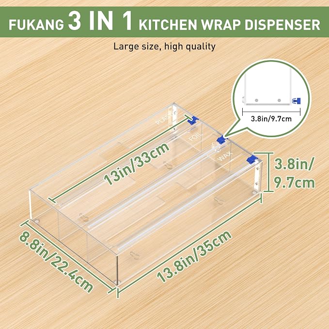 Kitchen Wrap Organizer, Foil and Plastic Wrap Organizer 3 in 1 with Sliding Cutter, Acrylic Wrap Dispenser for Drawer or Wall Mount, Fits 12 Inch Rolls