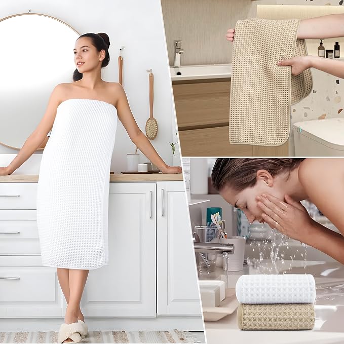 POLYTE 430 GSM Poly Blend Microfiber Quick Dry Waffle Bath Towel Set of 6 | 2-Body Towels, 2-Hand Towels, 2-Wash cloths, Oversize, Lint Free