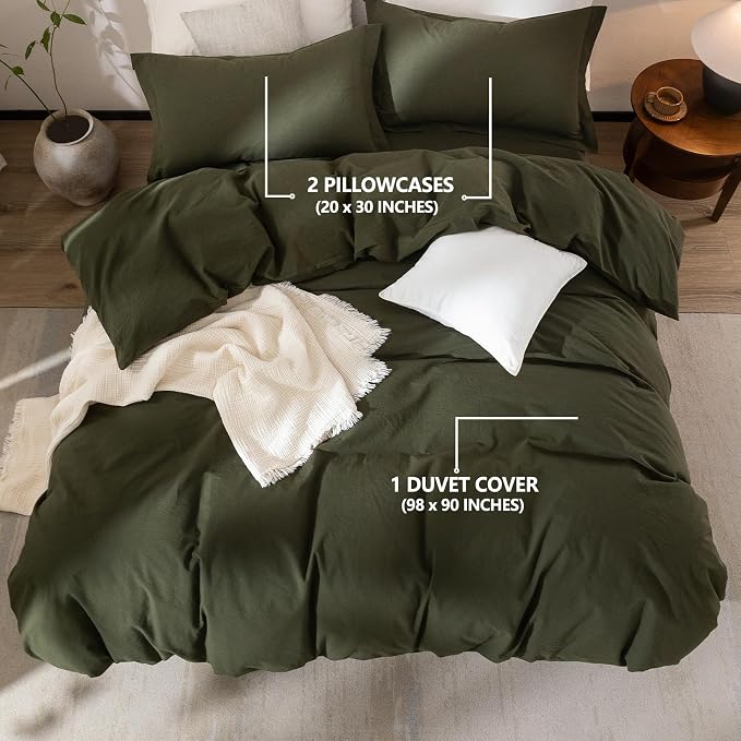 Olive Green Duvet Cover Super Queen Size, 100% Washed Cotton Bedding Set Cover 1 Duvet Cover 98inch x 90inch with Zipper Closure and 2 Pillowcases, Olive Green