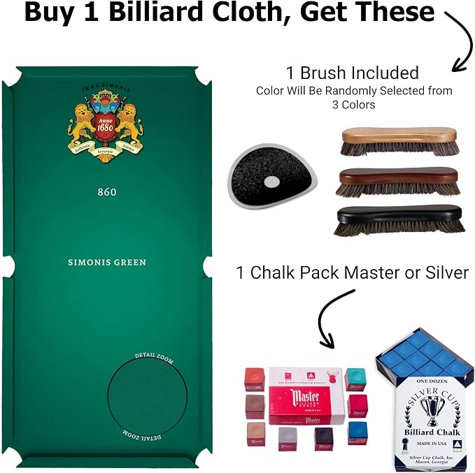 Simonis 860 Pool Table Cloth Replacement Kit for Tables Includes Precut Bed and Rail Cloth, Horsehair Brush, Spots, and Chalk (Multiple Colors)