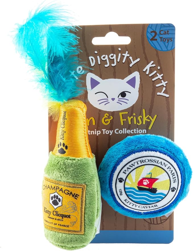 Haute Diggity Kitty Clicquot Champagne & Caviar Set, Plush Cat Toys Catnip Filled with Interactive Crackle Sound, Safe, Durable Toys for Cat & Kitten, 2 Pcs
