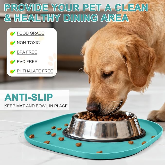SMILOOL Waterproof Silicone Pet Food Mat with Raised Edge for Dog & Cat | 12" x 12" Non-Slip Small Pet Feeding Mats with Lip for Food & Water Bowl, Food Grade, Easy Cleaning, Dark Turquoise