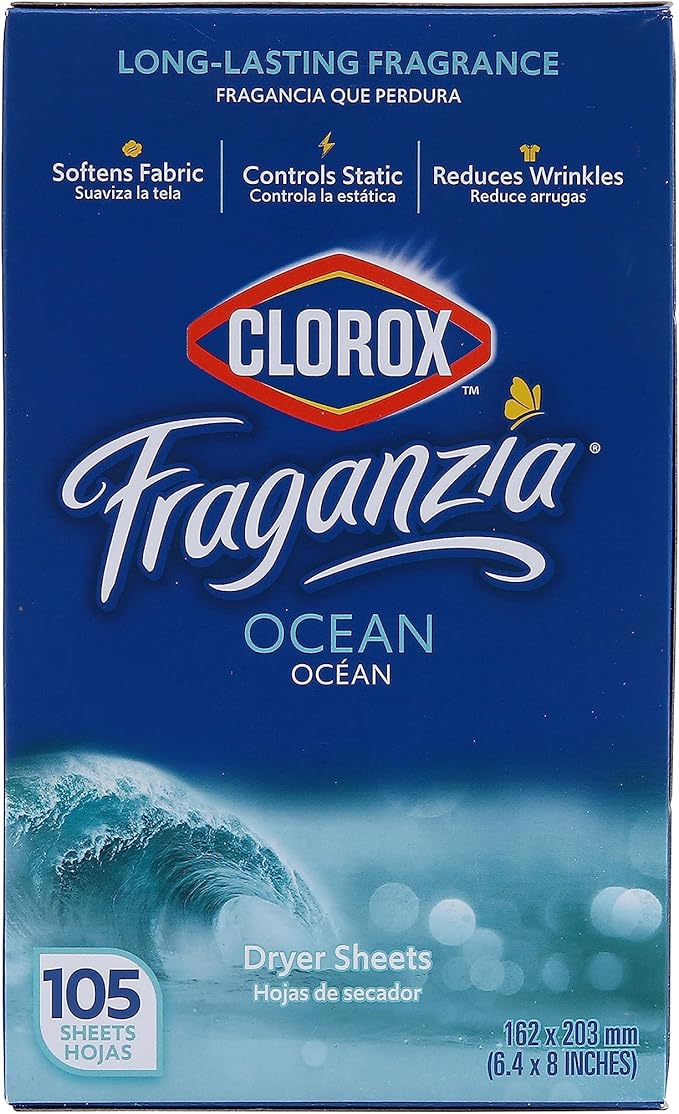 Clorox Fraganzia Fabric Softener Dryer Sheets Wrinkle Reducing Anti Static Laundry Dryer Sheets Great Smelling Clothes Softens Fabrics Fresh Ocean Scent 105 Count Single Box Home Dorm Laundry Room