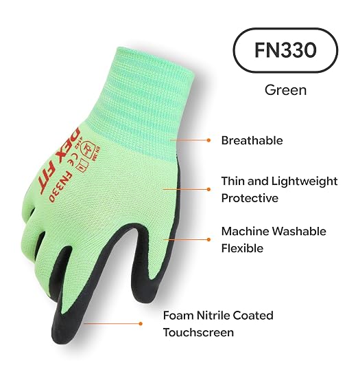 DEX FIT Nitrile Work Gloves FN330, 3 Pairs, 3D-Comfort Stretchy Fit, Firm Grip, Thin & Lightweight, Touch-Screen Compatible, Durable, Breathable & Cool, Machine Washable; Green M (8)