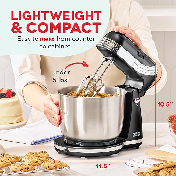 Dash Everyday Stand Mixer - Compact Tilt-Head Stand Mixer for Everyday Recipes - 6-Speed Power with Stainless Steel Bowl - Black, 3-Quart