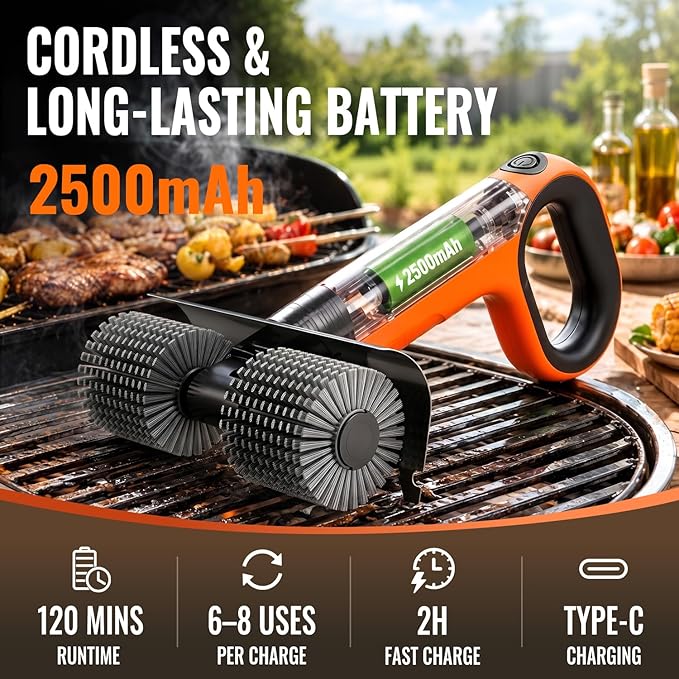Electric Grill Brush, Cordless BBQ Grill Cleaner with Dual Rotating Heads, 450 RPM Motorized Grill Cleaning Brush with Forward & Reverse, LED Light, 6-Piece Replaceable Brush Set for Outdoor Grill
