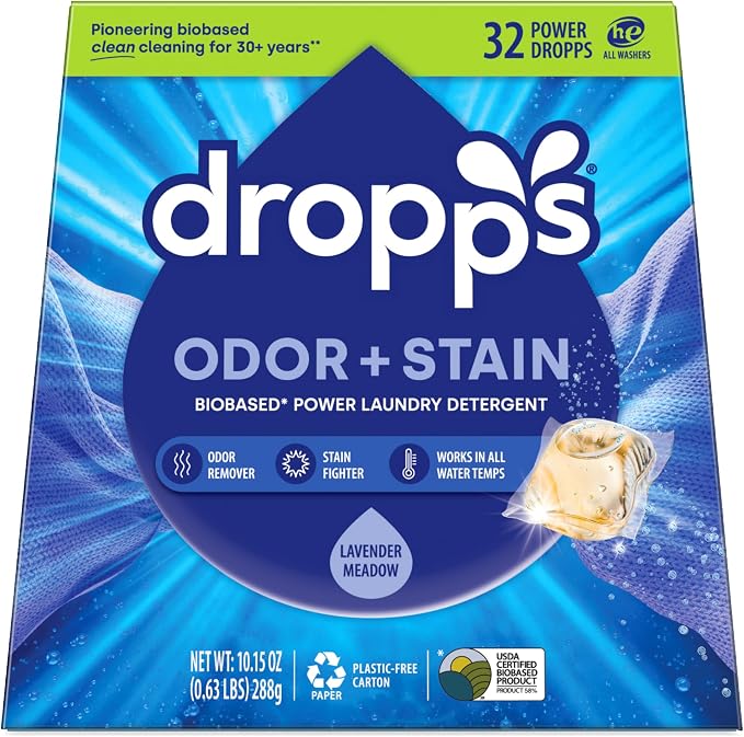Dropps Odor & Stain Laundry Detergent Pods, Lavender Meadow (32 Count) - Powerful Laundry Pods | Complete Clean Laundry Soap | Fights Odors & Stains | Clean Ingredients | Plastic Free Packaging