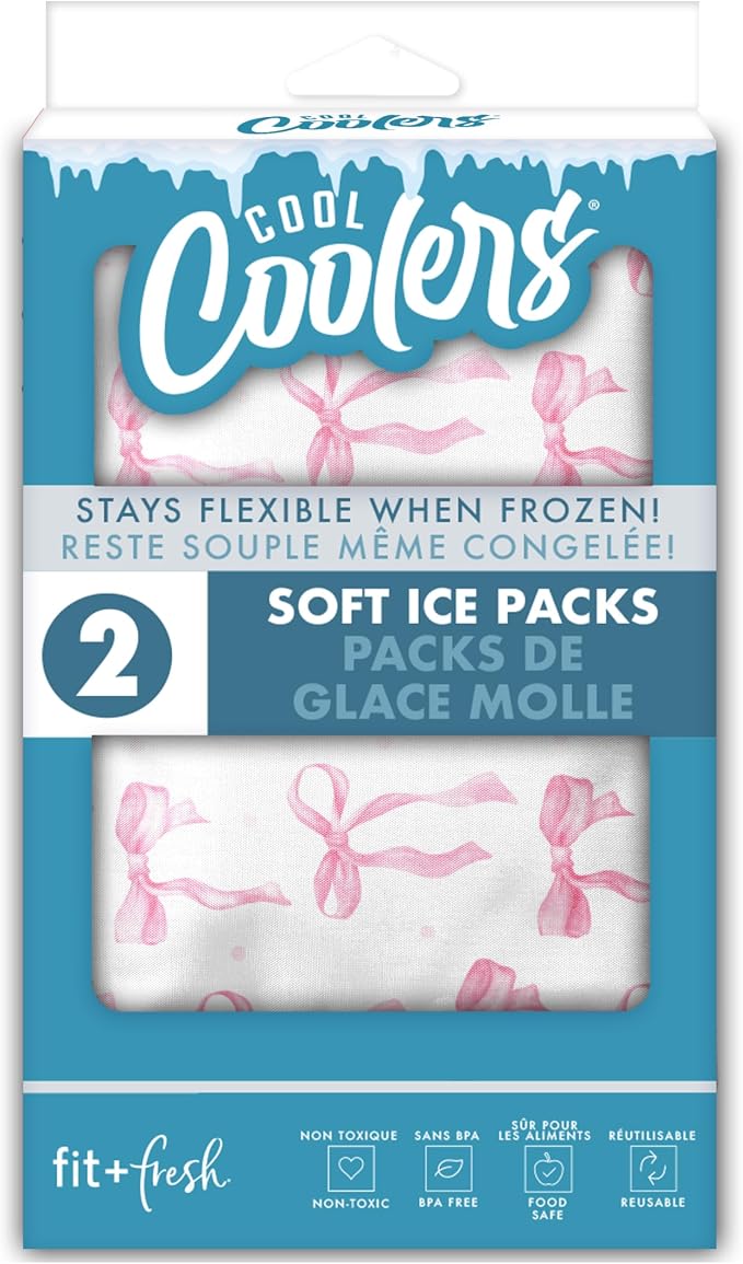 Fit & Fresh Cool Coolers 2 Pack Soft Ice for Lunch Bags, Flexible Stretch Nylon, Durable, Reusable Lunch Box Ice Packs, Soft Ice, Reusable Freezer Packs, Lunch Ice, Easy to Clean, Pink Bows