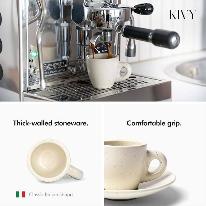 KIVY Espresso Cups Set 4x 3oz - Thick Walled Stoneware - Dishwasher Safe | Italian Style Espresso Cups and Saucers - Espresso Mugs - Tazas de cafe - Ceramic cup - Cream Dotted