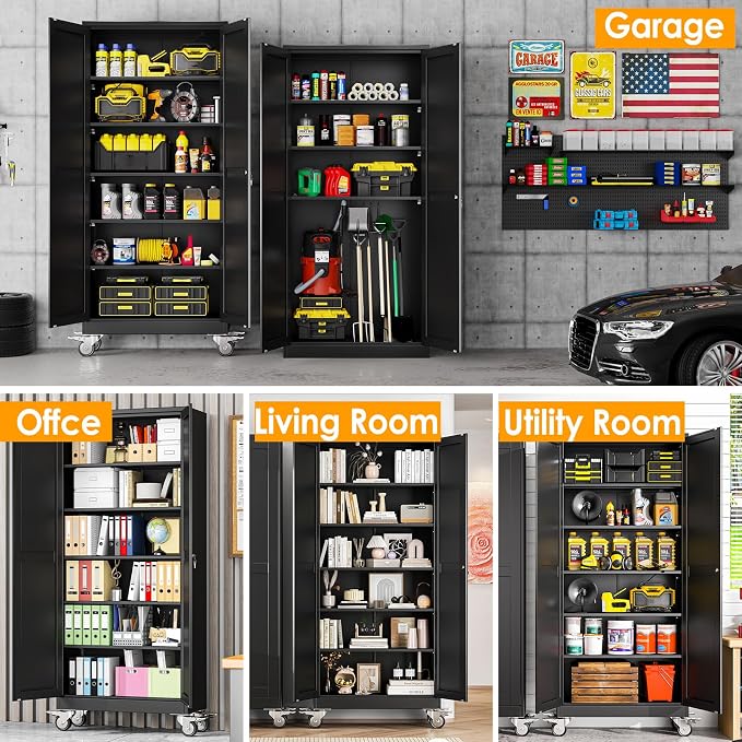 PAOFIN 75''H Metal Garage Storage Cabinet with Wheels,Steel File Cabinets with 2 Doors and 5 Adjustable Shelves for Home Office, Warehouse, Required Assembly,Black