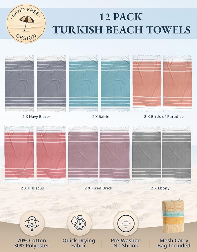 LANE LINEN Beach Towels 12 Pack, Bulk Beach Towels Oversized, Pool Towels for Adults, Pre-Washed, Sand Free Beach Towel, Fast Drying Beach Towel, 39"x71" - Beach Party
