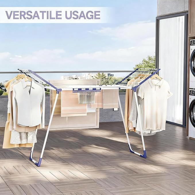 APEXCHASER Clothes Drying Rack Foldable - Drying Rack Clothing Large Space, Winged Laundry Rack with Sock Clips for Hanging Towels Clothes Dress Bedding Indoor Outdoor, White