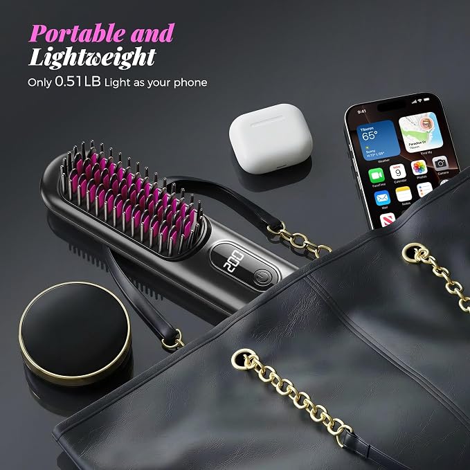 Go Brush Pro 2026, Cordless Hair Straightener Brush, Mini Hair Straightener with 4 Temperature Settings, Portable Hair Straightener Brush with MCH Heating and Ionic & Ceramic Care for Women (Black)