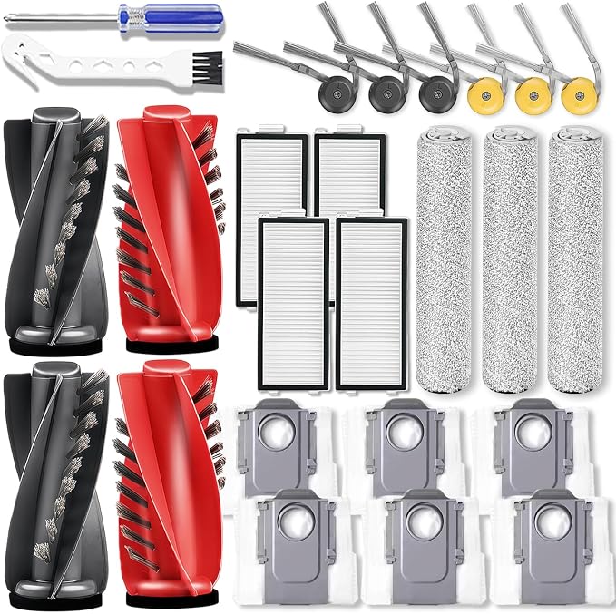 Replacement Accessories Compatible with Roborock Qrevo Curv 2 Flow Robot Vacuum Cleaner,2 Main Brush,3 Roller Mop Cloth, 4 HEPA Filter,6 Side Brush,6 Dust Bag,Accessories Parts Kit ﻿