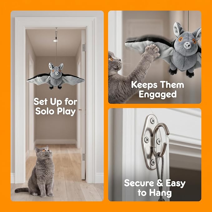 Flying Bat Dog Toy, Motion Activated Flapping Bat Cat Toy with Realistic Wings and Chirping Sounds, Rechargeable Remote Control Halloween Toy for Indoor Cats, Kittens and Small Dogs，3PCS