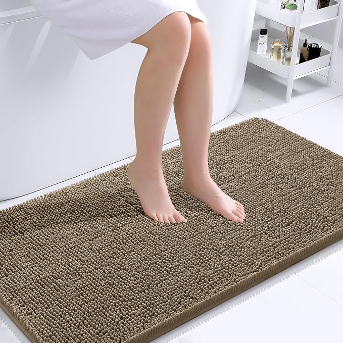 OLANLY Bathroom Runner Rugs 44x24, Extra Soft Absorbent Chenille Bath Rugs, Rubber Backing Quick Dry, Machine Washable Long Bath Mats for Bathroom Floor, Tub and Shower, Home Decor Accessories, Tan